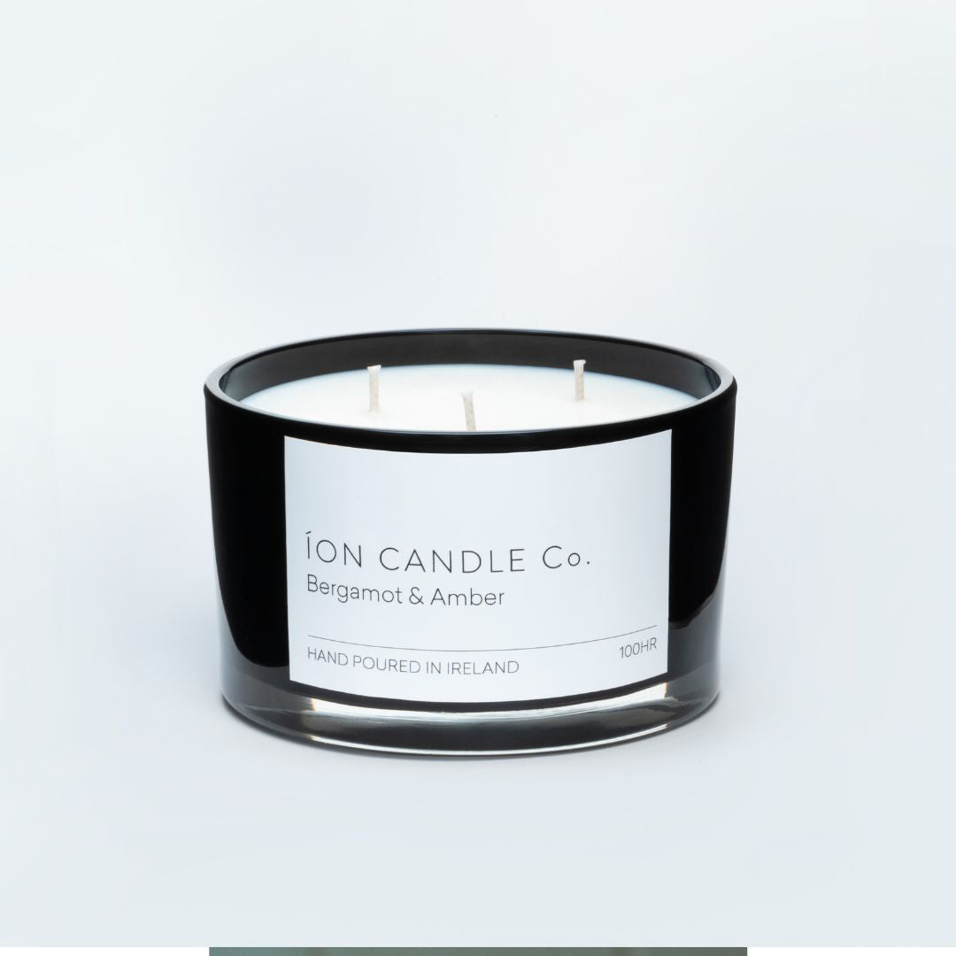 Ion Candle Co. - Bergamot & Amber luxury scented candle 3 wick in black against a white background
