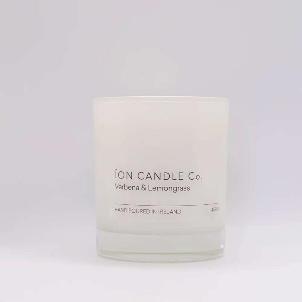 Ion Candle Co. - Luxury scented verbena & lemongrass candle against white background - 45 hours burn time