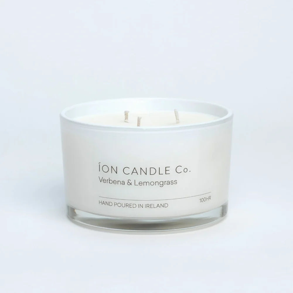 Ion Candle Co. - Luxury scented verbena & lemongrass candle against white background - 100 hours burn time