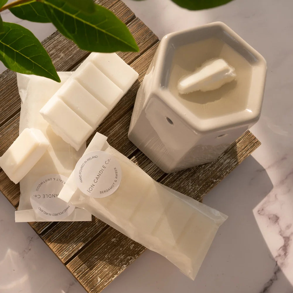 Ion Candle Co. - Wax Melt And Burner Bundle on a small wooden stand with foliage in the foreground