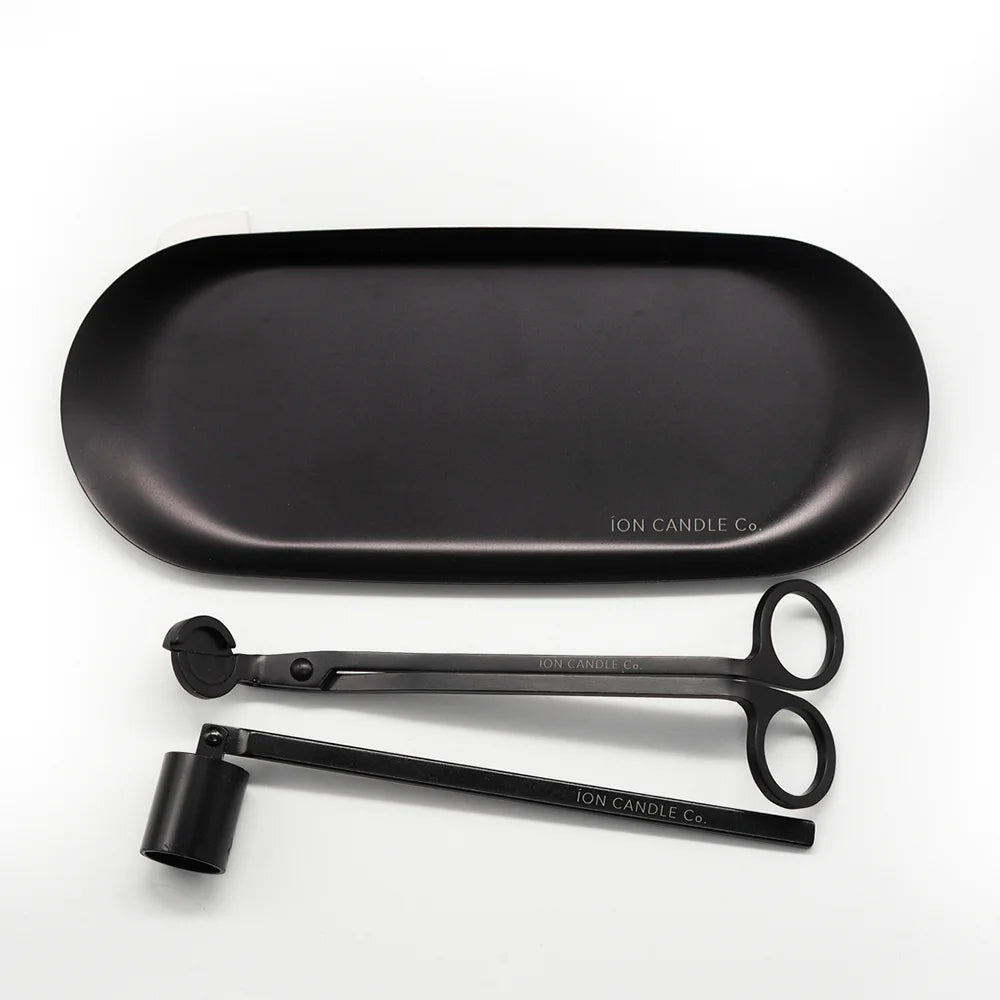 Ion Candle Co. - 3 Piece Candle Tool Set on a white background. Includes case, wick trimmer and snuffer tools all in black.