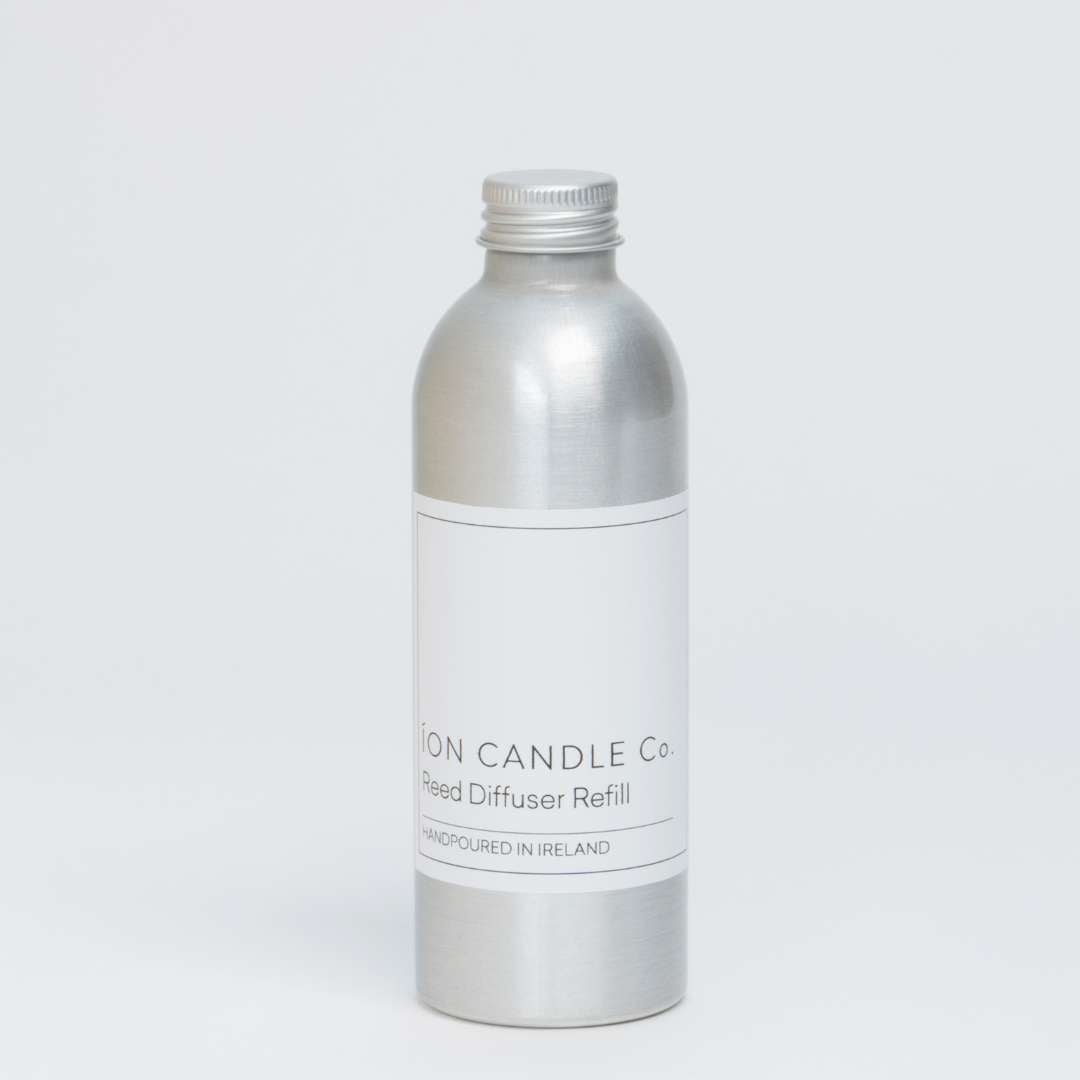 Ion Candle Co. - Lily and Musk Scented Reed Diffuser Refill bottle which is shiny metallic grey with a white label and black text