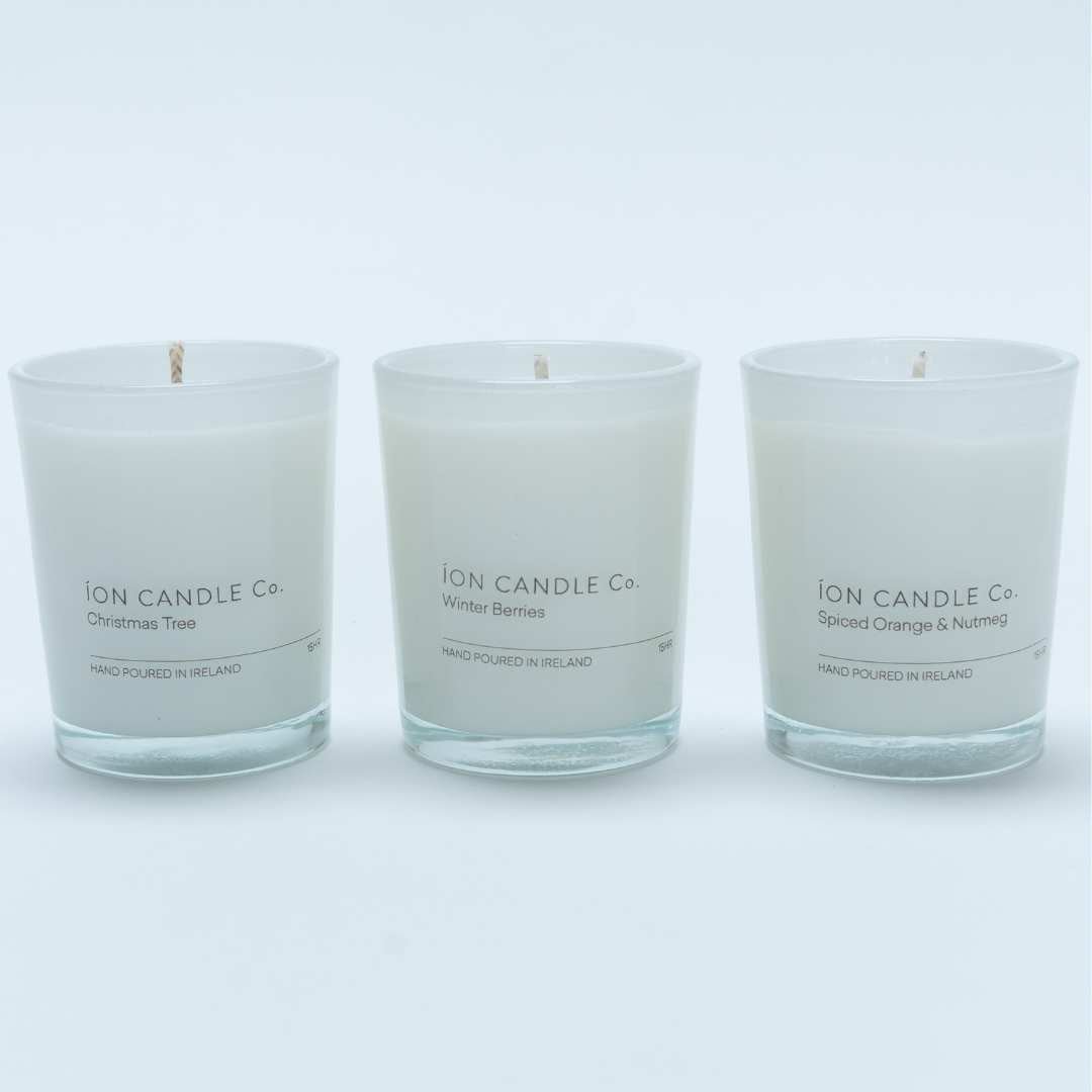 Ion Candle Co. - Gift Set of 3 candles set in a plain white backdrop side by side