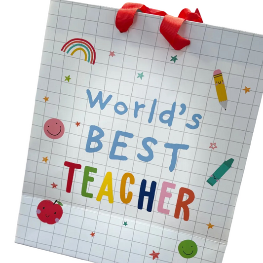 Card with 'World's Best Teacher' text and colorful illustrations on a grid background.