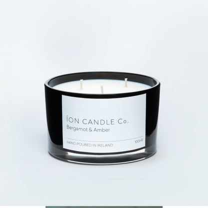 Ion Candle Co. - Bergamot & Amber luxury scented candle 3 wick in black against a white background