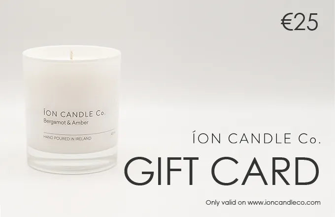 Ion Candle Co. - Gift Card Image for €25 value. The card is white with a candle to the left and black text to the right