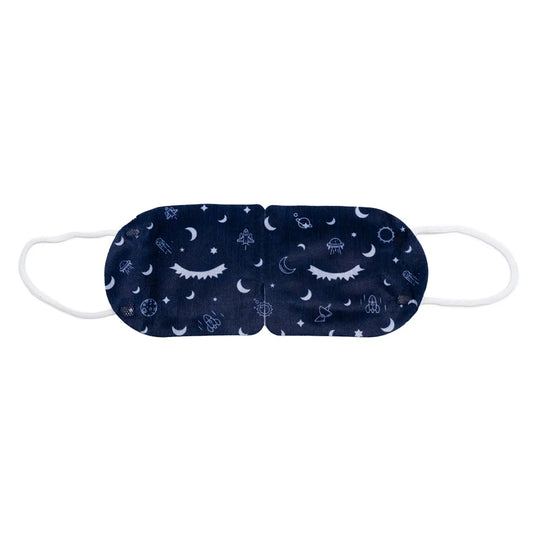 Ion Candle Co. - Scented Sleeping mask, which is navy blue with white ear straps and has a pattern of various moons and spaceships all in white