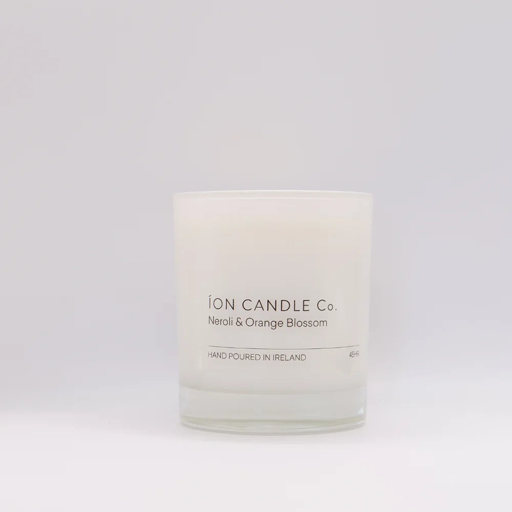 Ion Candle Co. - Neroli & Orange blossom luxury scented candle, against a white background - 45 hours burn time