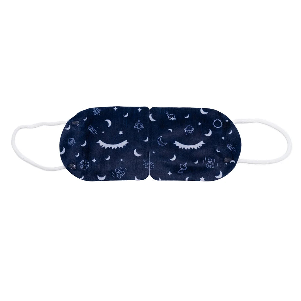 Ion Candle Co. - Scented sleep mask, which is navy with white moons and spaceships in a pattern. It has white ear straps