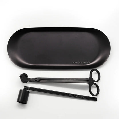 Ion Candle Co. - 3 Piece Candle Tool Set on a white background. Includes case, wick trimmer and snuffer tools all in black.