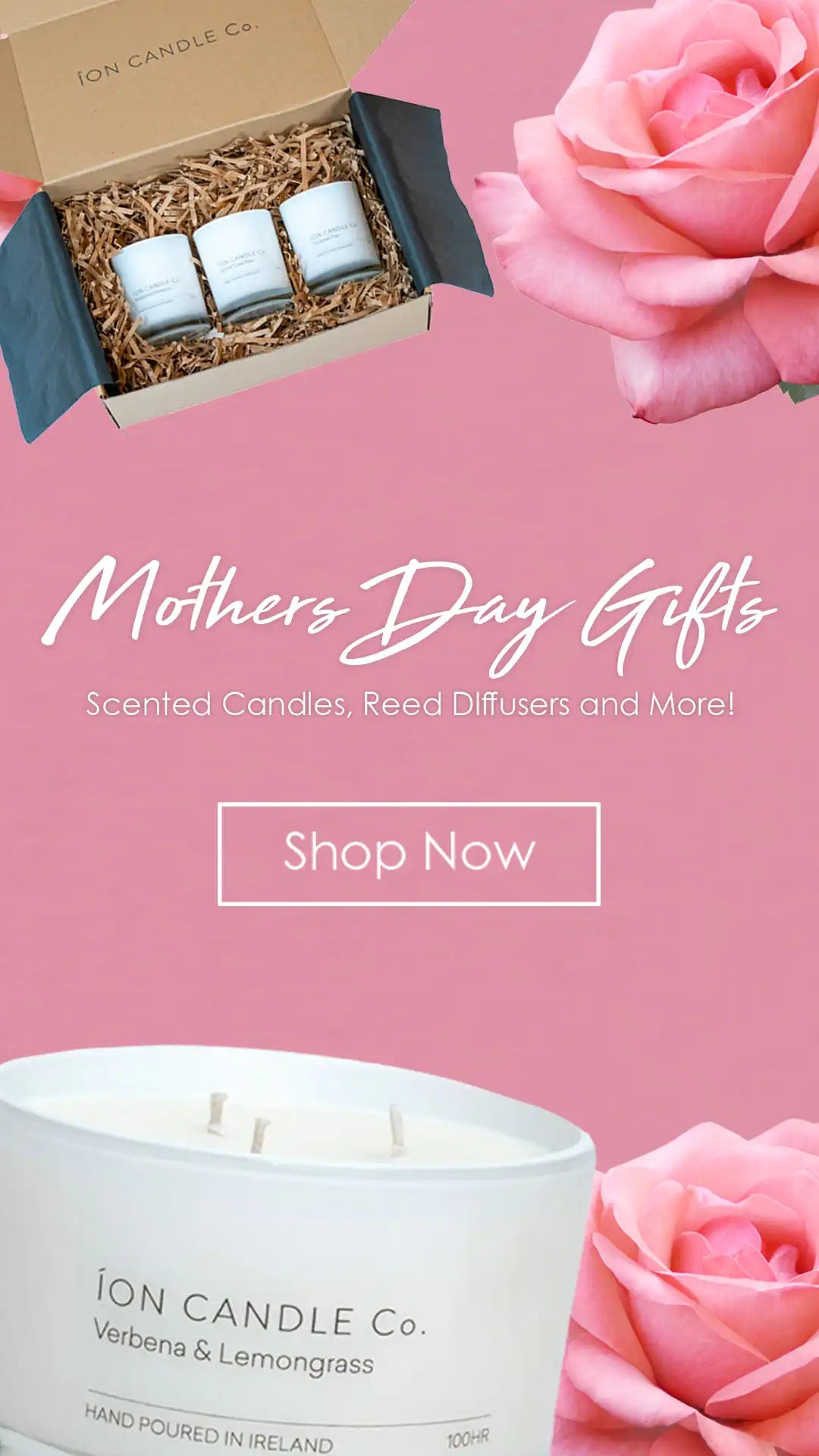 Mother's Day Gift Ideas - Pink Banner with roses and white text
