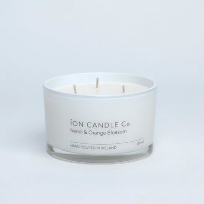 Ion Candle Co. - Neroli & Orange blossom luxury scented candle, against a white background - 100 hours burn time