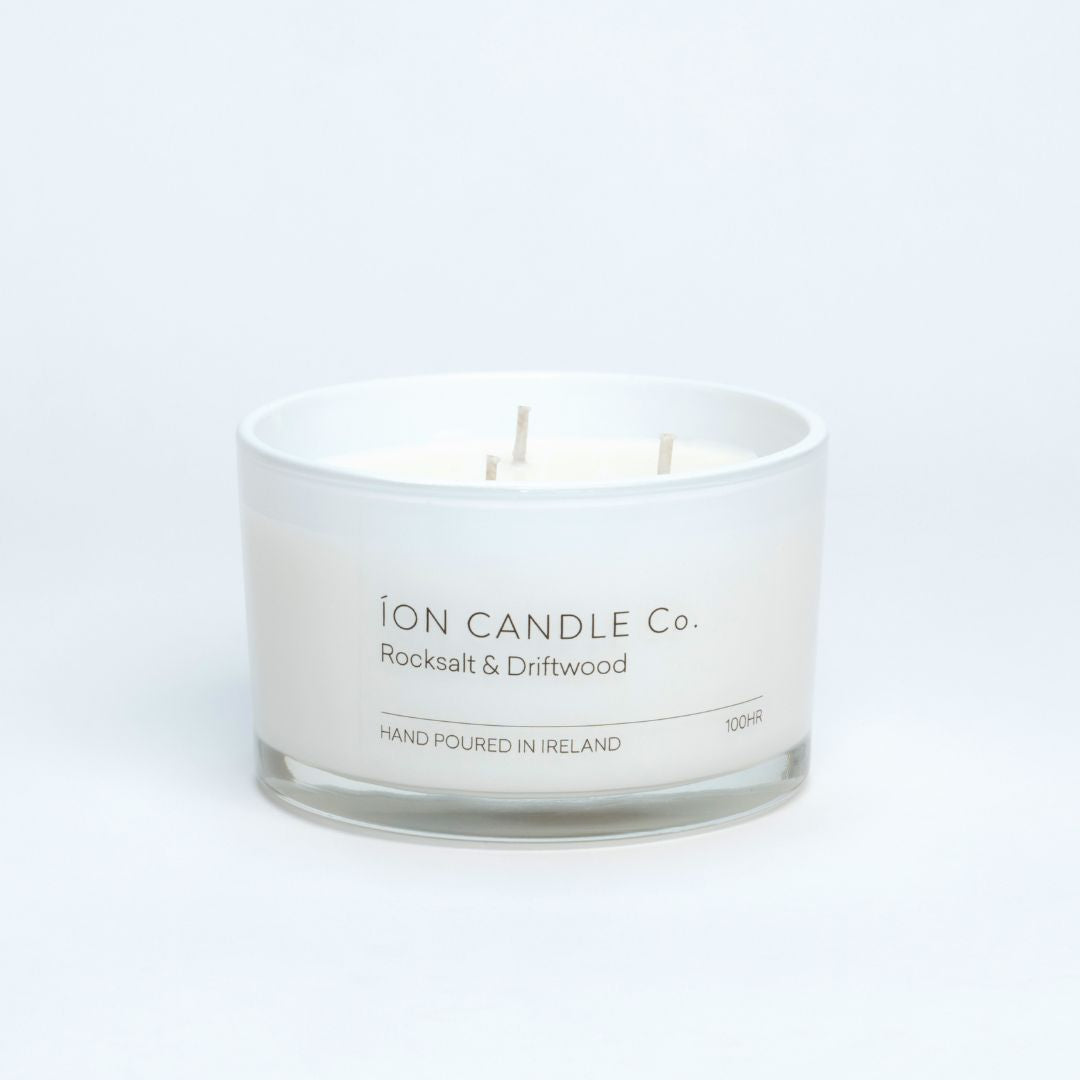 Ion Candle Co. - luxury scented rocksalt & driftwood candle against a white background - 100 hours burn time