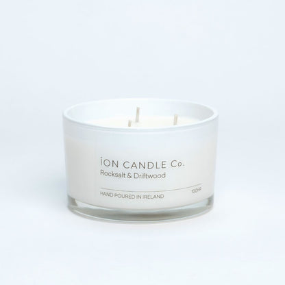Ion Candle Co. - luxury scented rocksalt & driftwood candle against a white background - 100 hours burn time