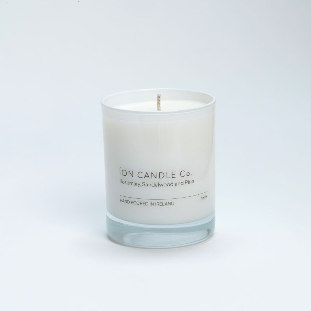 Rosemary, Sandalwood & Pine luxury scented candle against a white background - 45 hours burn time