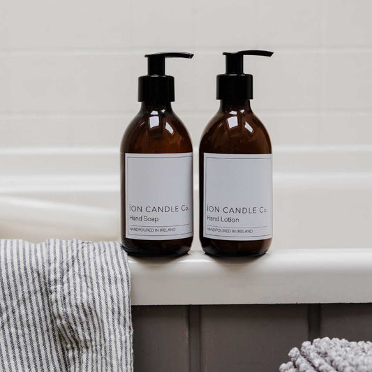 luxury scented hand soap & lotion duo set with a bathroom backdrop 