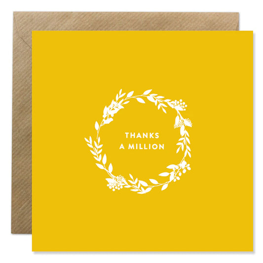 Ion Candle Co. - Thanks a million card, yellow with white floral pattern and text