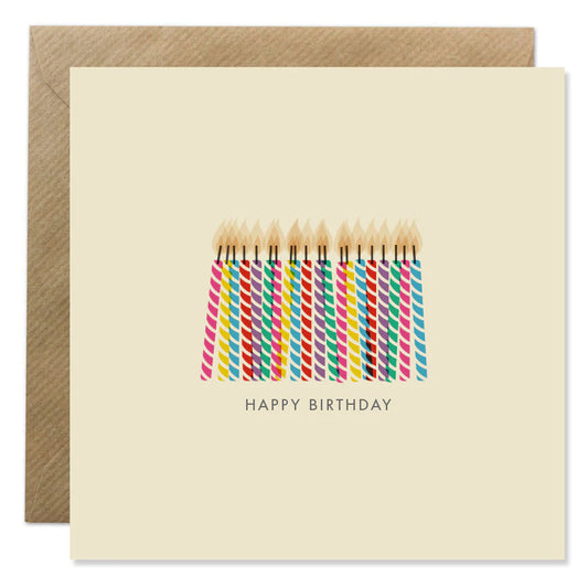 Ion Candle Co. - Birthday Candles Greeting Card. The card is a soft yellow with candles of various colours in the centre of the card. Underneath the candles are the words 'Happy Birthday'