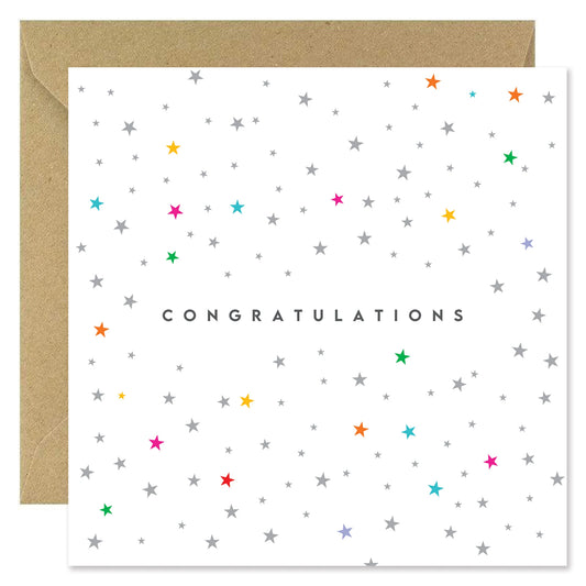 Ion Candle Co. - Congratulations Greeting Card. The card is white with multiple coloured stars on the front, with text in the centre that says Congratulations.